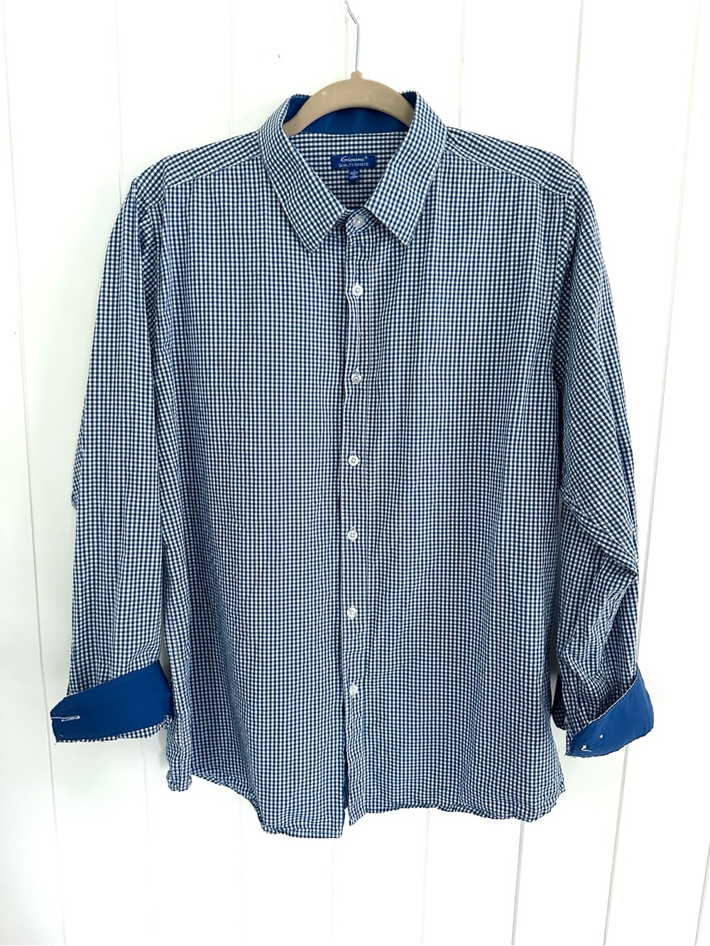 Gionni Mens Long Sleeve Blue and White Gingham Checkered Button Down Shirt